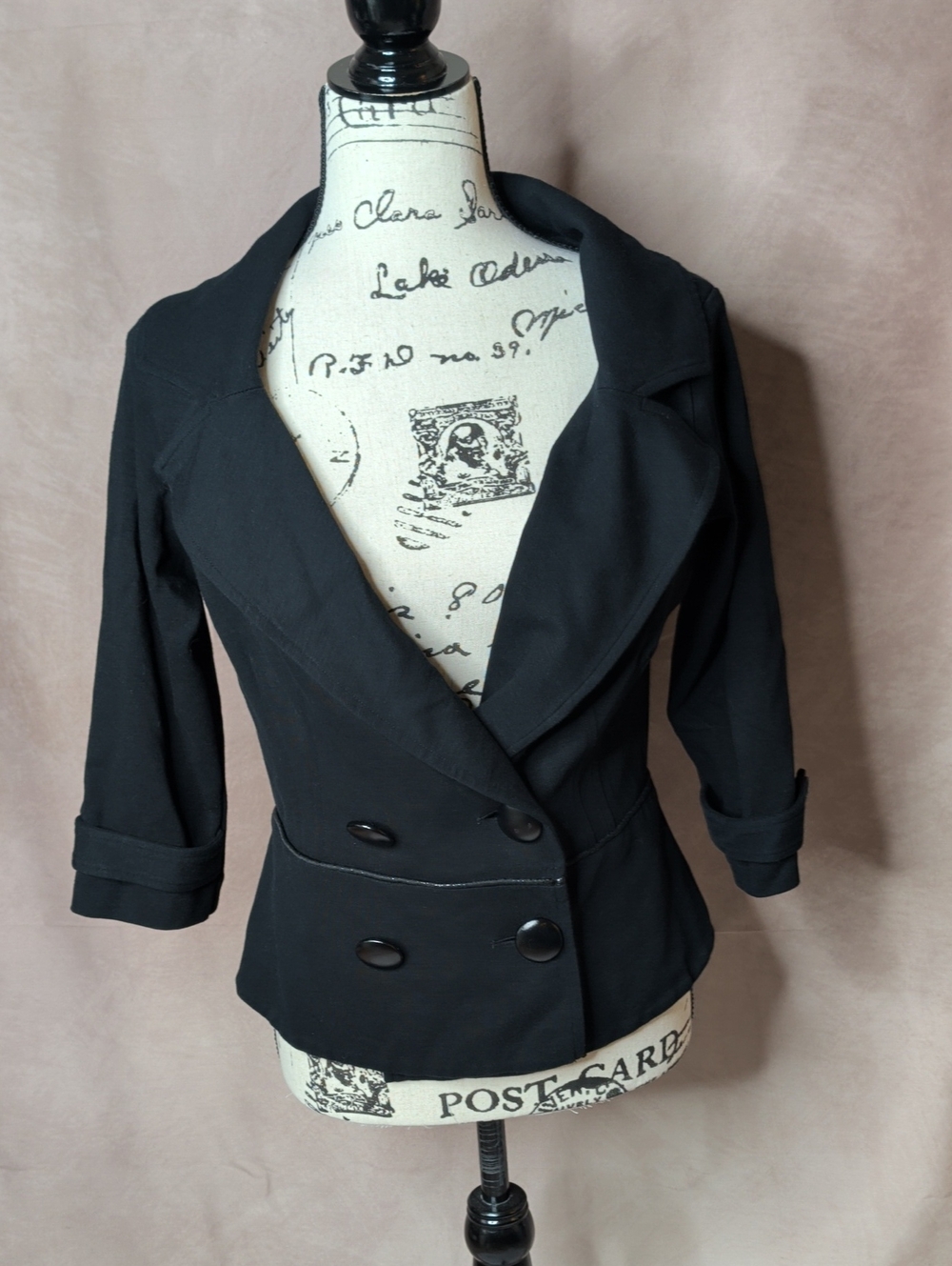 Cache Black Double-Breasted 3/4 sleeve Peplum Blazer Size Medium